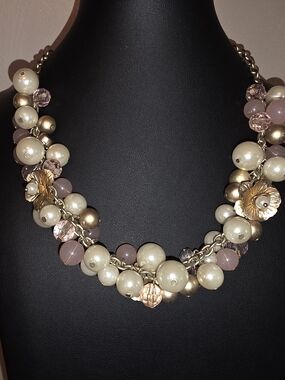Pearl and Pink Bead Cluster Necklace with Gold Accents